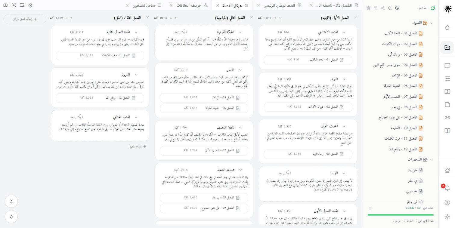 لوحة النبضات: ثلاثة فصول درامية في ثلاثة أعمدة، وتحت كل بطاقة نبضة الفصلُ المرتبط بها وعدد كلماته.