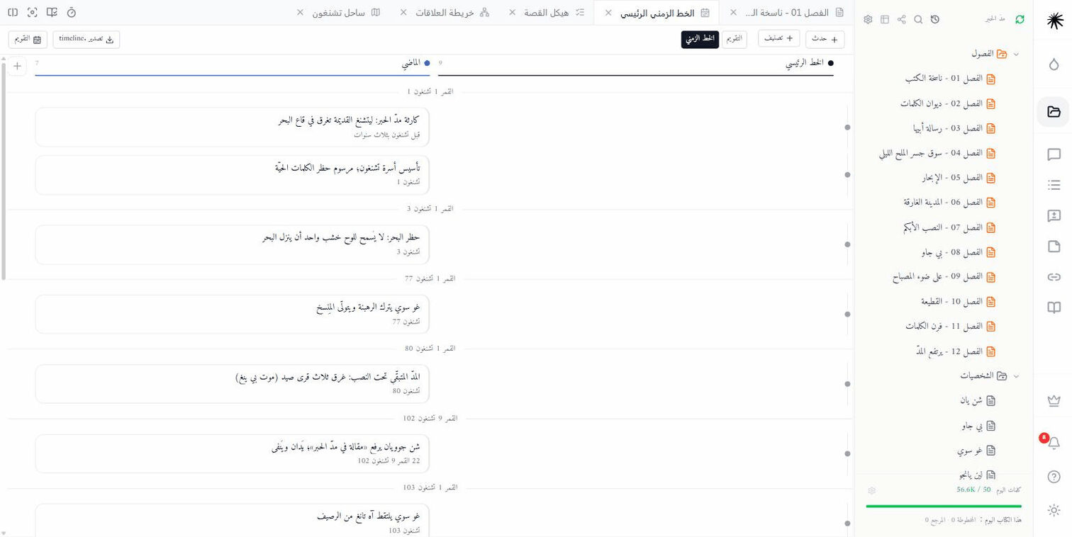 الخط الزمني للقصة: مسار رئيسي ومسار للماضي، والأحداث مرتّبة بحسب التاريخ.