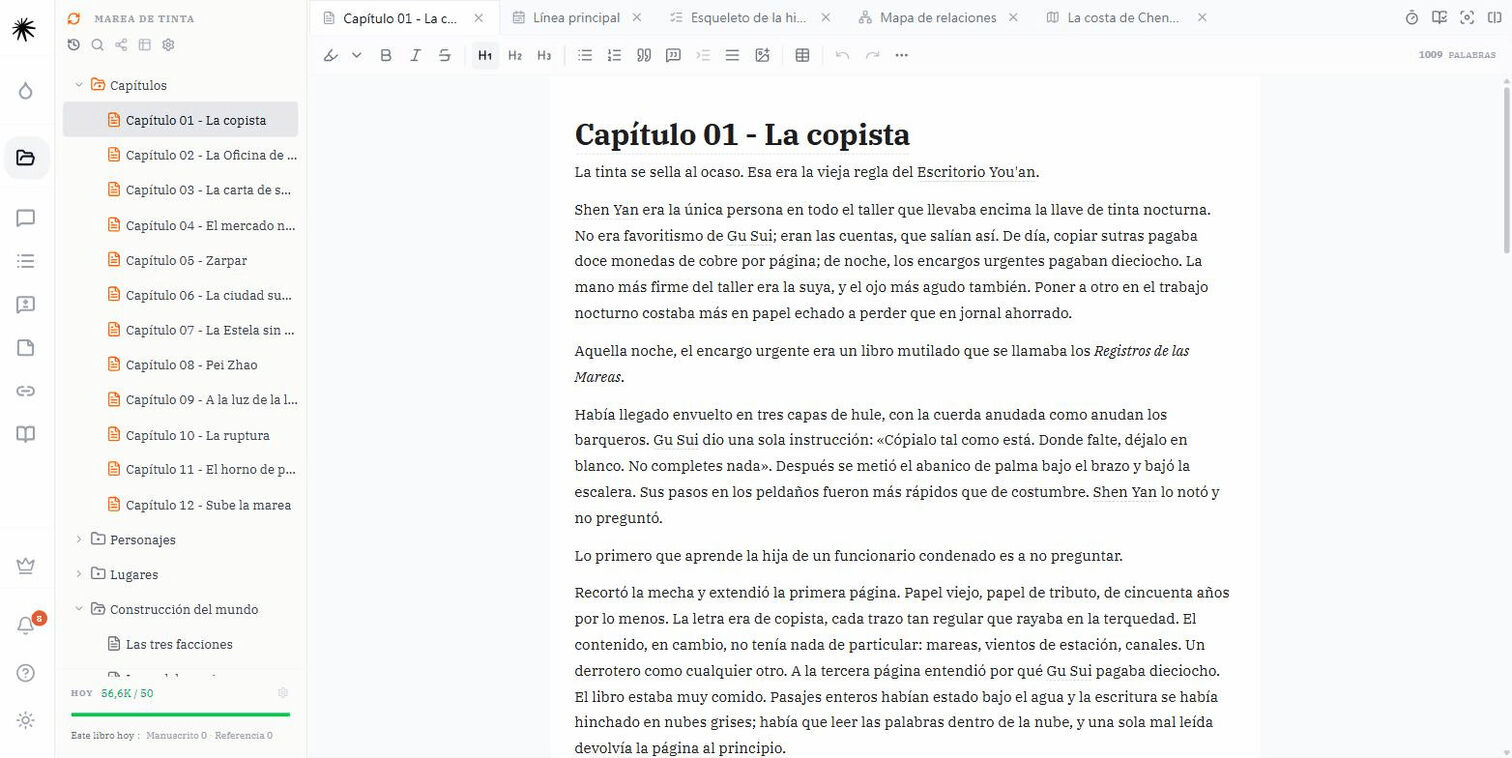 Editor de manuscrito con el árbol de archivos a la izquierda y el capítulo en curso a la derecha.